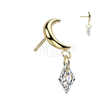 Implant Grade Titanium Threadless Push In Crescent Moon Top With Diamond CZ Dangle - Image 3