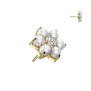 Titanium Threadless Push In Pearl Set With CZ Center Flower Top - Image 2