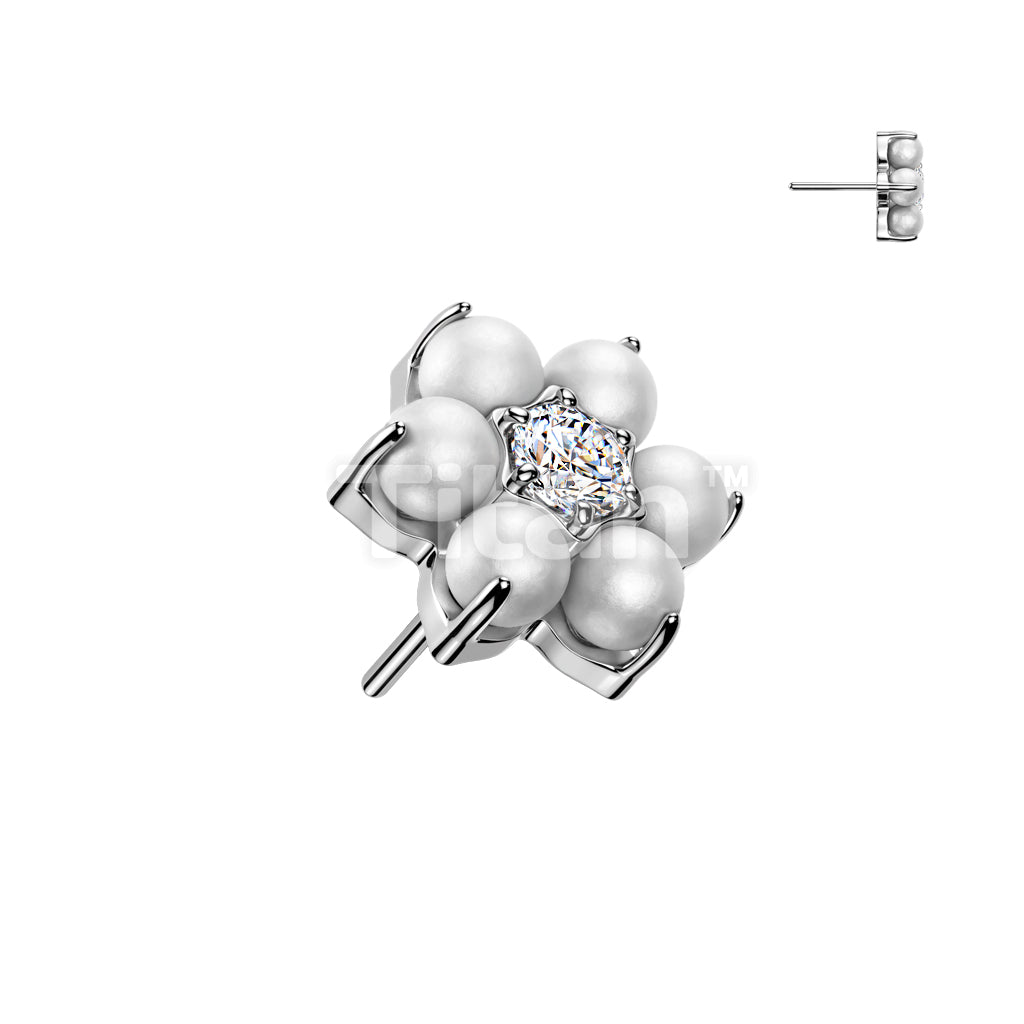 Titanium Threadless Push In Pearl Set With CZ Center Flower Top - Image 3