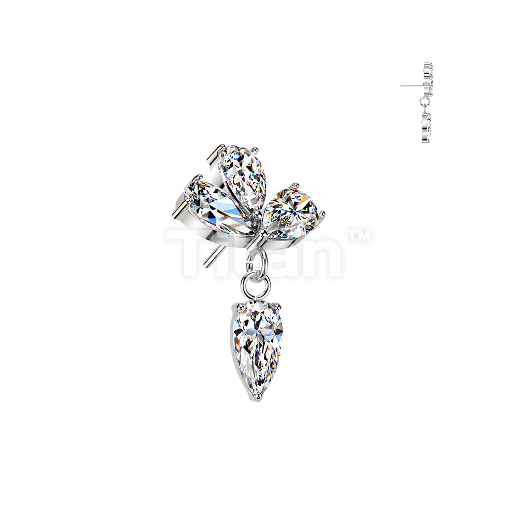 Titanium Threadless Push In Three Pear CZ Top With CZ Dangle - Image 2