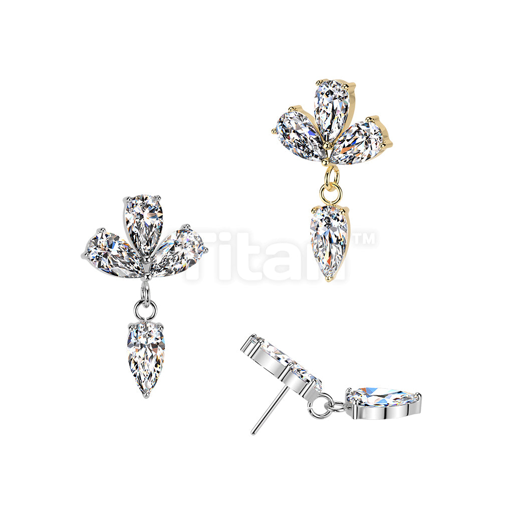 Titanium Threadless Push In Three Pear CZ Top With CZ Dangle