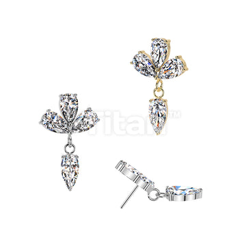 Titanium Threadless Push In Three Pear CZ Top With CZ Dangle
