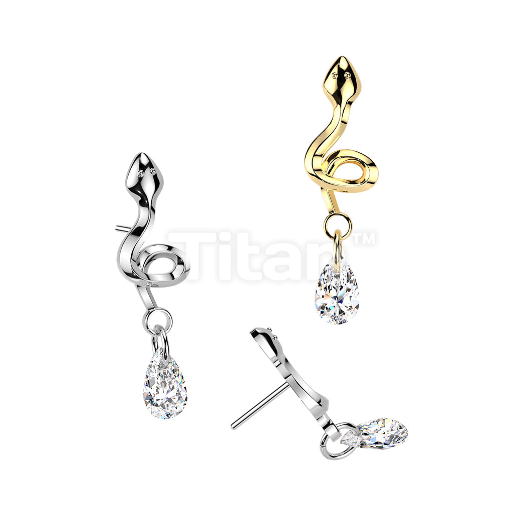 Titanium Threadless Push In Snake With Teardrop CZ Dangle Top