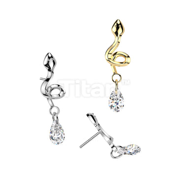 Titanium Threadless Push In Snake With Teardrop CZ Dangle Top