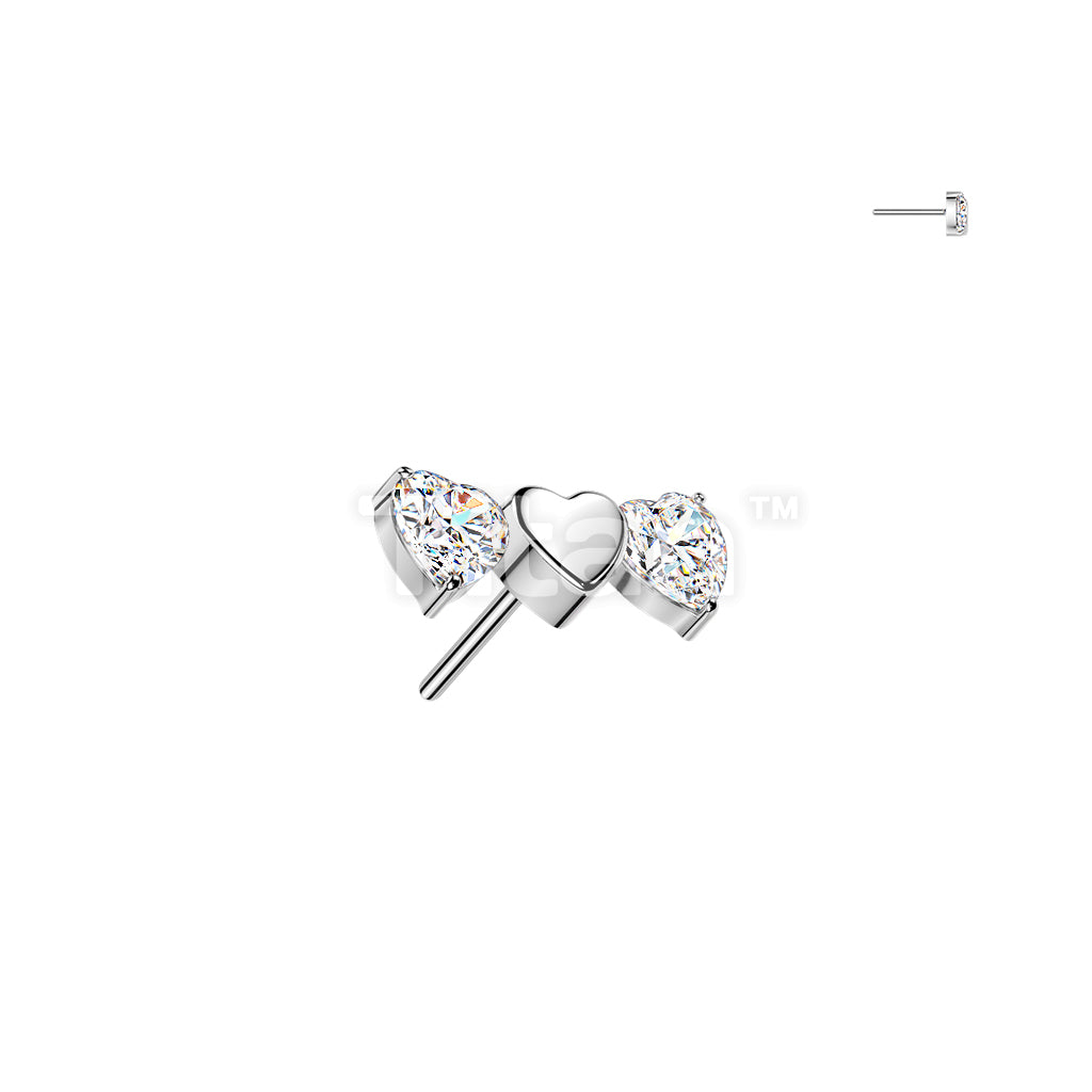 Titanium Threadless Push In Triple Heart Top With 2 CZ Heart  - Image 2
