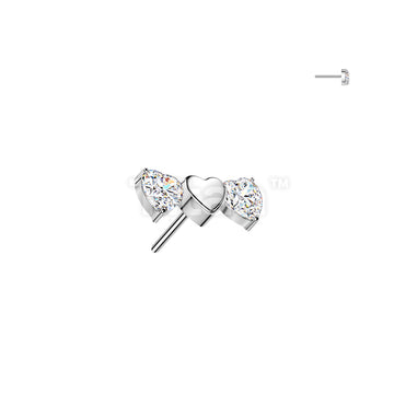 Titanium Threadless Push In Triple Heart Top With 2 CZ Heart  - Image 2