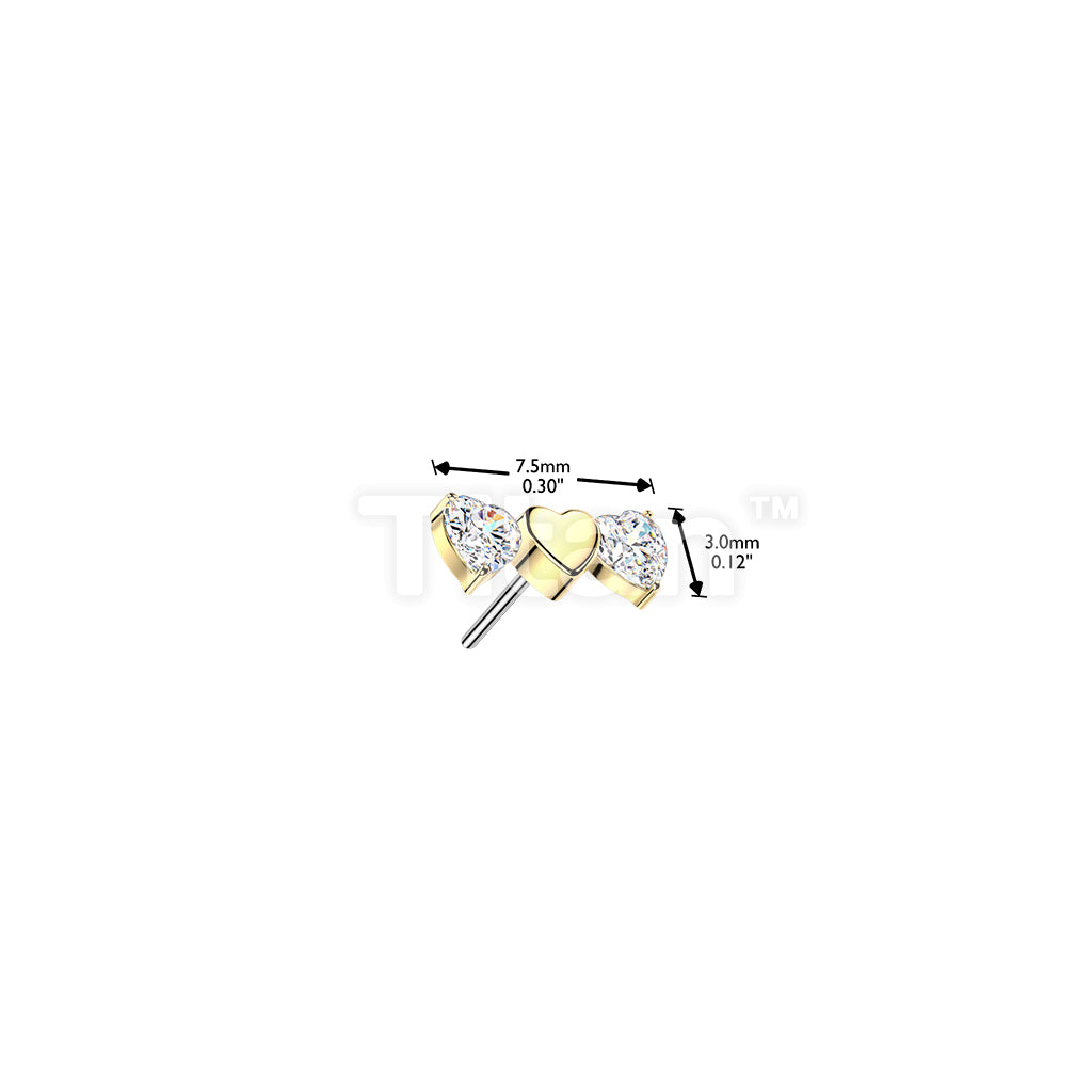 Titanium Threadless Push In Triple Heart Top With 2 CZ Heart  - Image 4