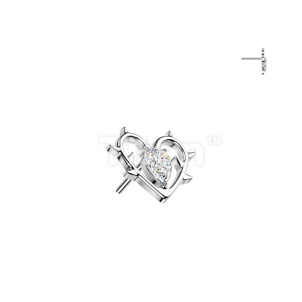 Titanium Threadless Push In Heart With Thorn and CZ Center Top - Image 2