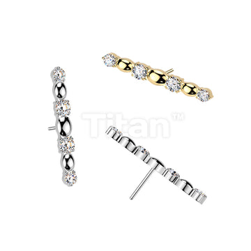 Titanium Threadless Push In CZ and Oval Bead Long Bar Top