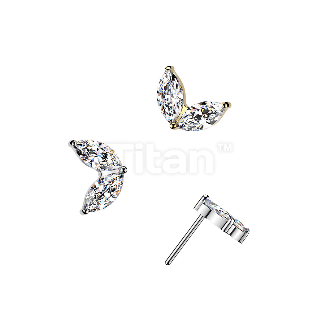 Titanium Threadless Push In Double Marquise CZ Leaf Top