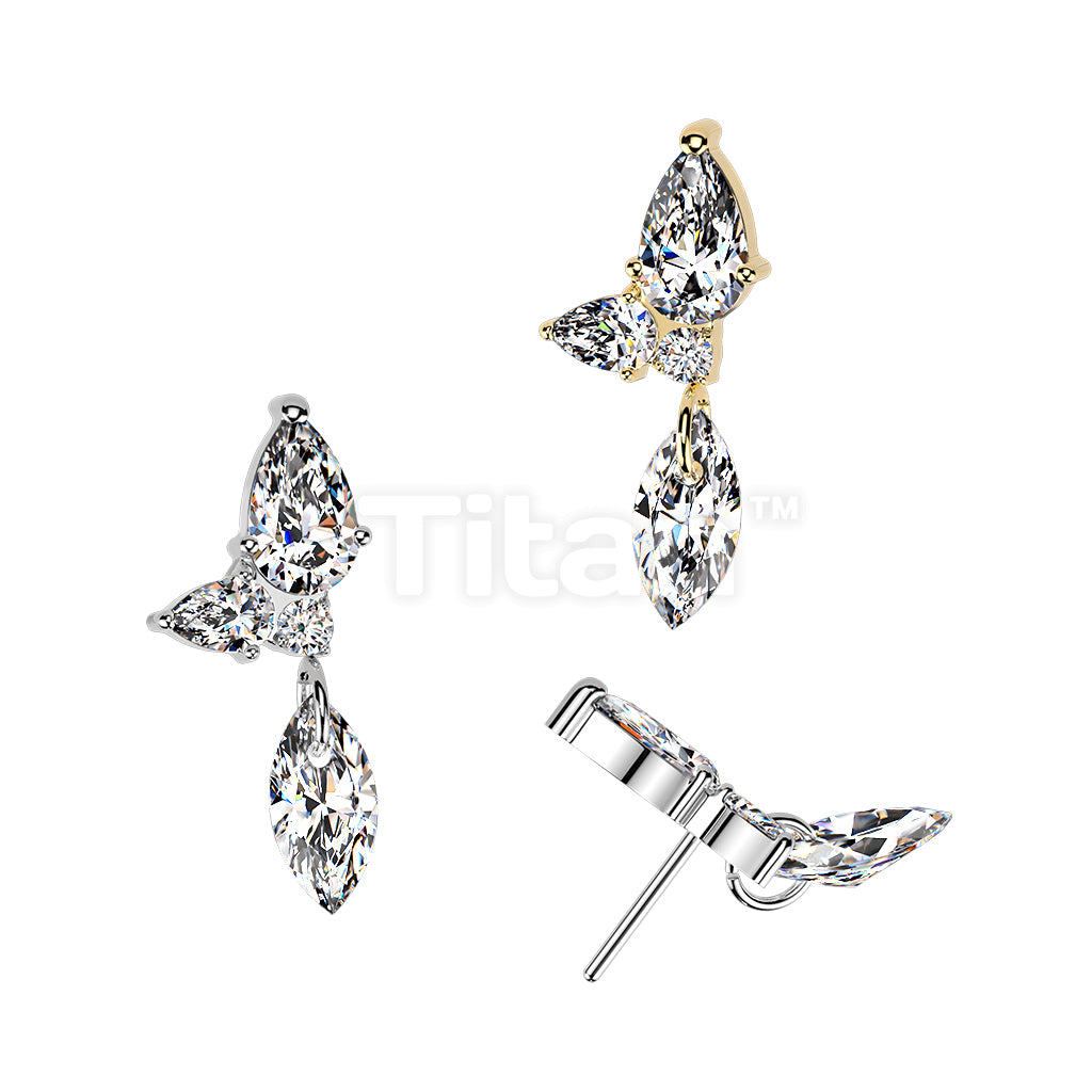 Titanium Threadless Push In Marquise & Round CZ Cluster Top With Marquise CZ Dangle