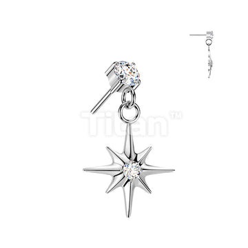 Titanium Threadless Push In Prong Set CZ Top With CZ Centered Starburst Dangle - Image 2