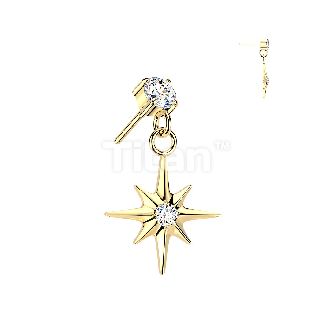 Titanium Threadless Push In Prong Set CZ Top With CZ Centered Starburst Dangle - Image 3