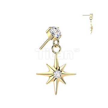 Titanium Threadless Push In Prong Set CZ Top With CZ Centered Starburst Dangle - Image 3