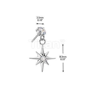 Titanium Threadless Push In Prong Set CZ Top With CZ Centered Starburst Dangle - Image 4