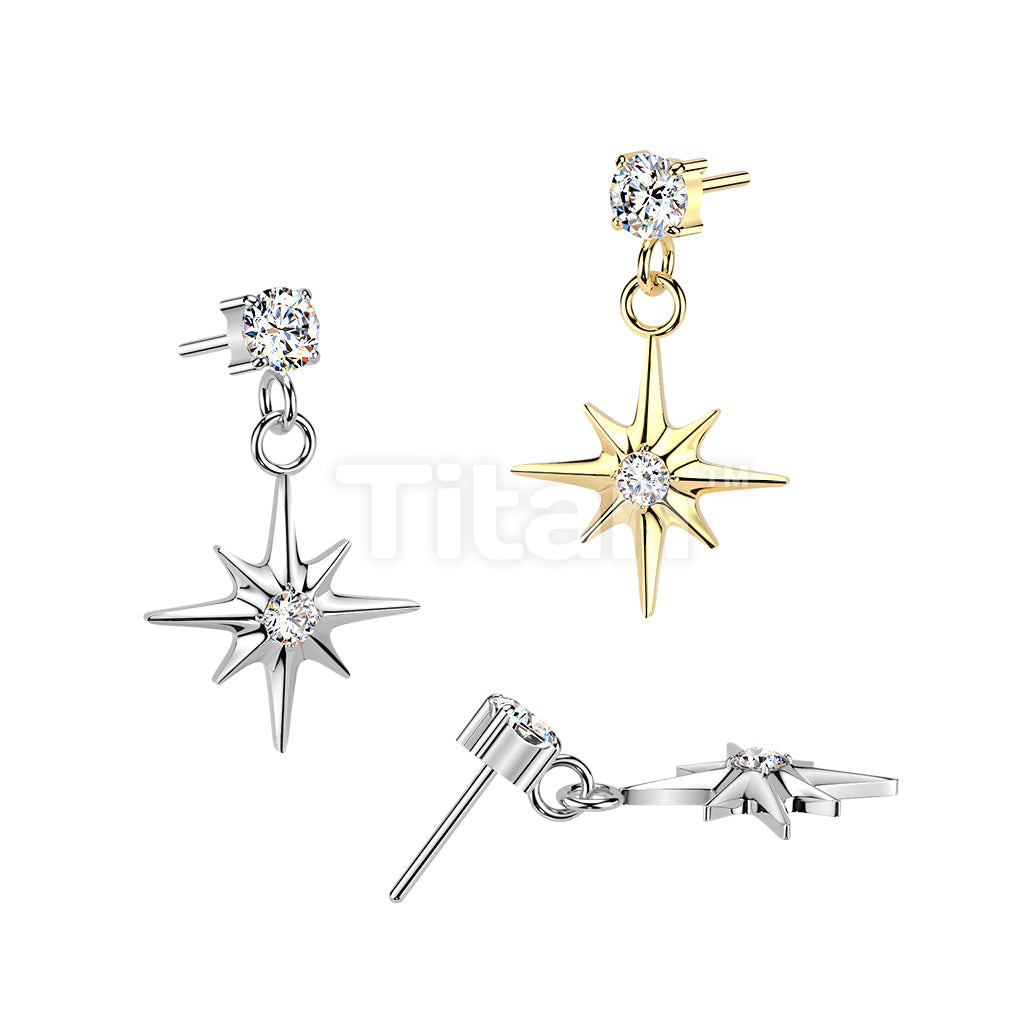Titanium Threadless Push In Prong Set CZ Top With CZ Centered Starburst Dangle
