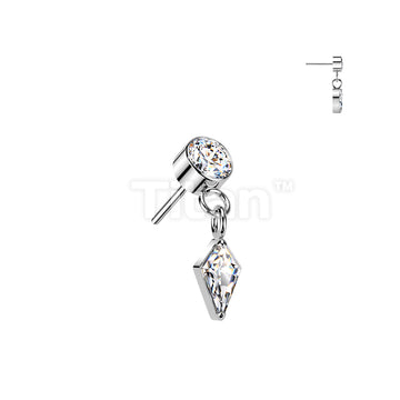 Titanium Threadless Push In Bezel Set CZ Top With Kite Shaped CZ Dangle - Image 2