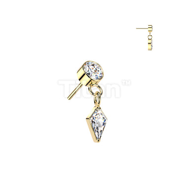 Titanium Threadless Push In Bezel Set CZ Top With Kite Shaped CZ Dangle - Image 3