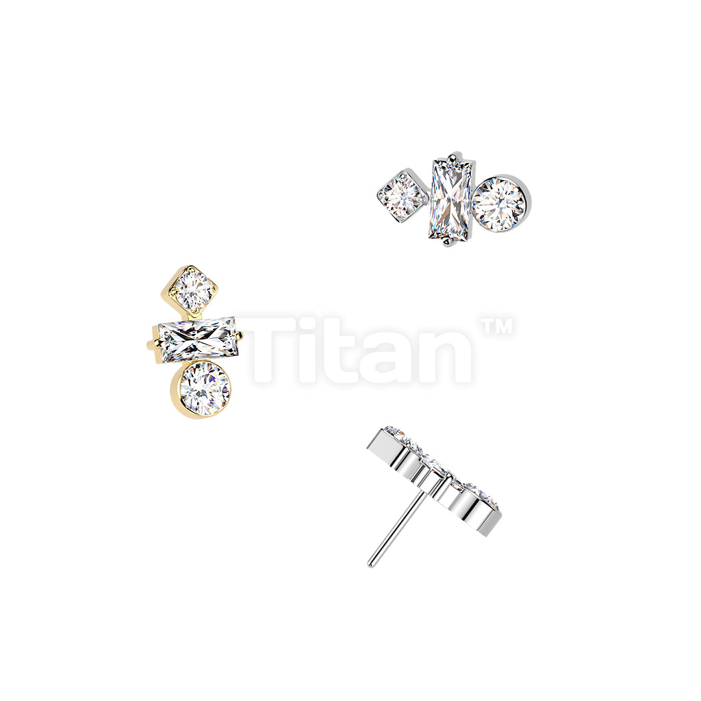 Titanium Threadless Push In Round, Baguette, & Diamond CZ Top