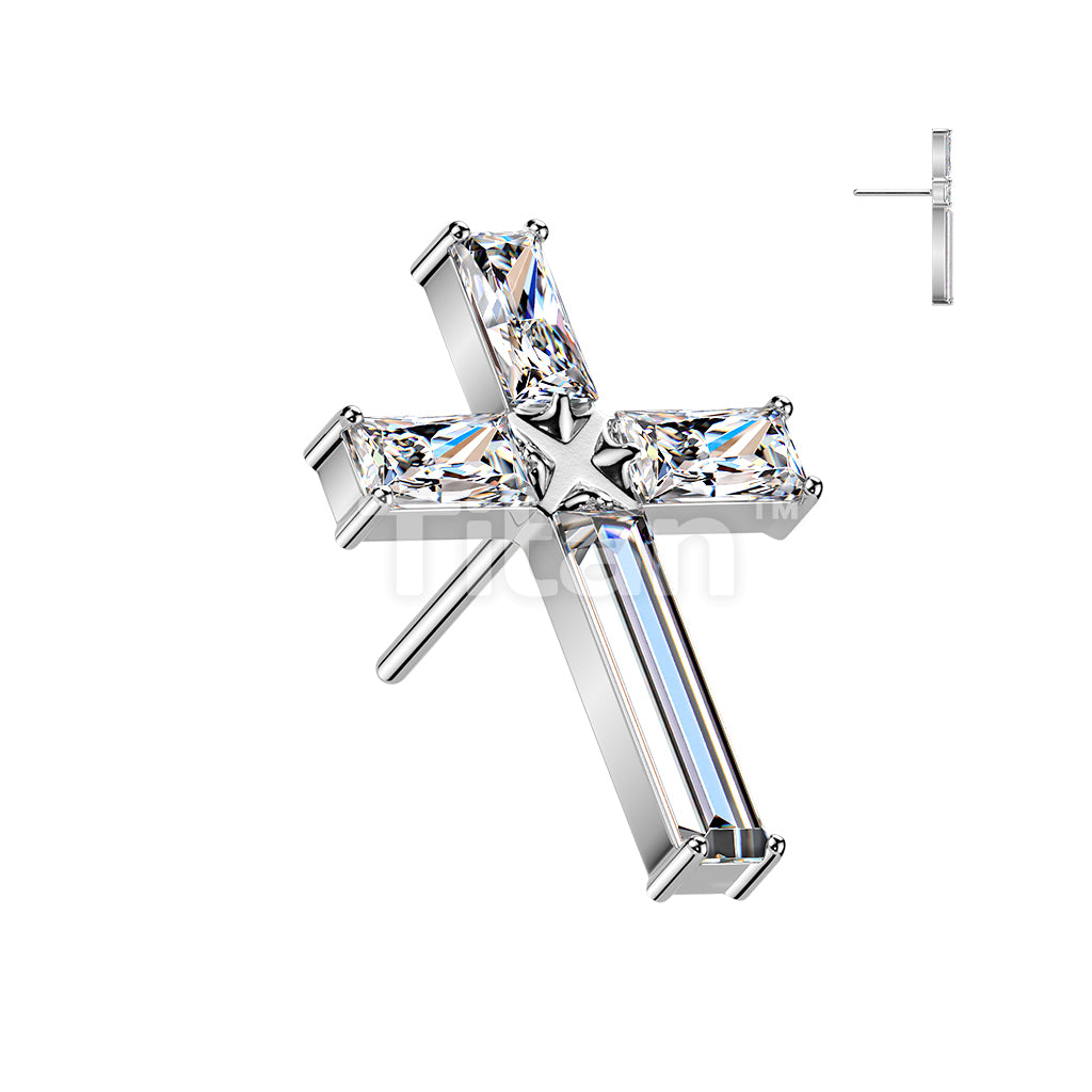 Titanium Threadless Push In Baguette CZ Cross Top - Image 2