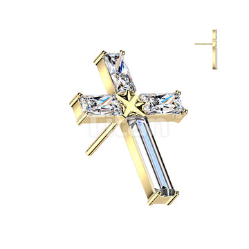 Titanium Threadless Push In Baguette CZ Cross Top - Image 3