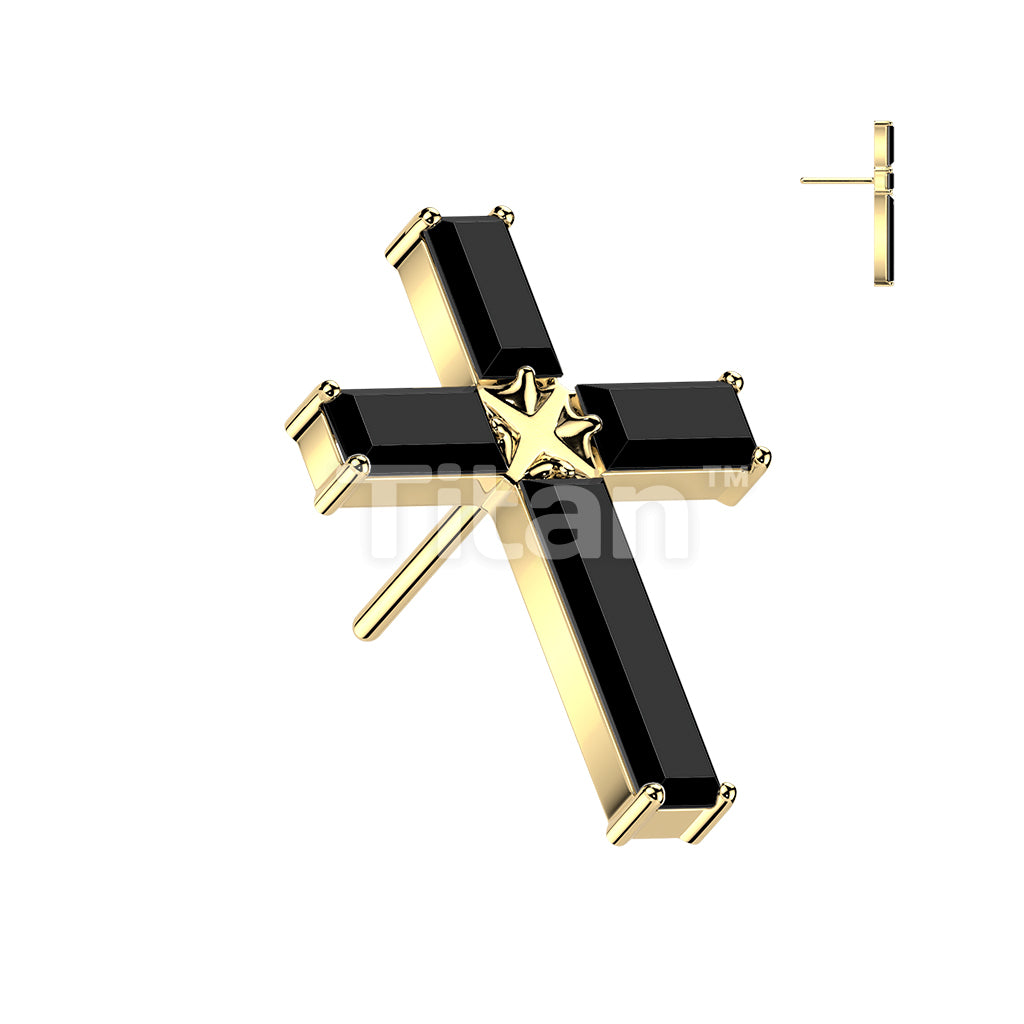 Titanium Threadless Push In Baguette CZ Cross Top - Image 4