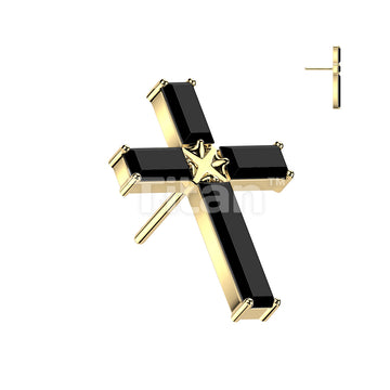 Titanium Threadless Push In Baguette CZ Cross Top - Image 4