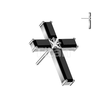 Titanium Threadless Push In Baguette CZ Cross Top - Image 5