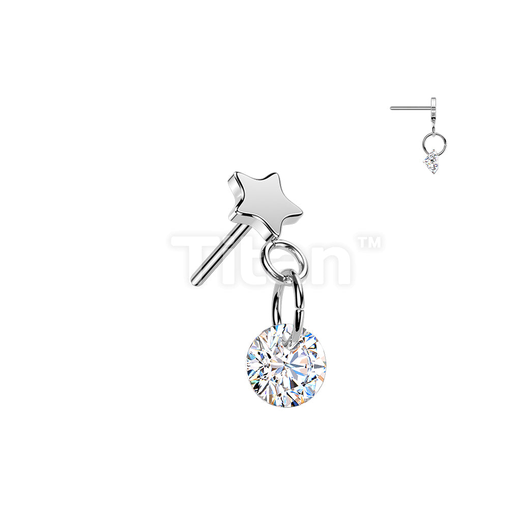Titanium Threadless Push In Star Top With Round CZ Dangle - Image 2