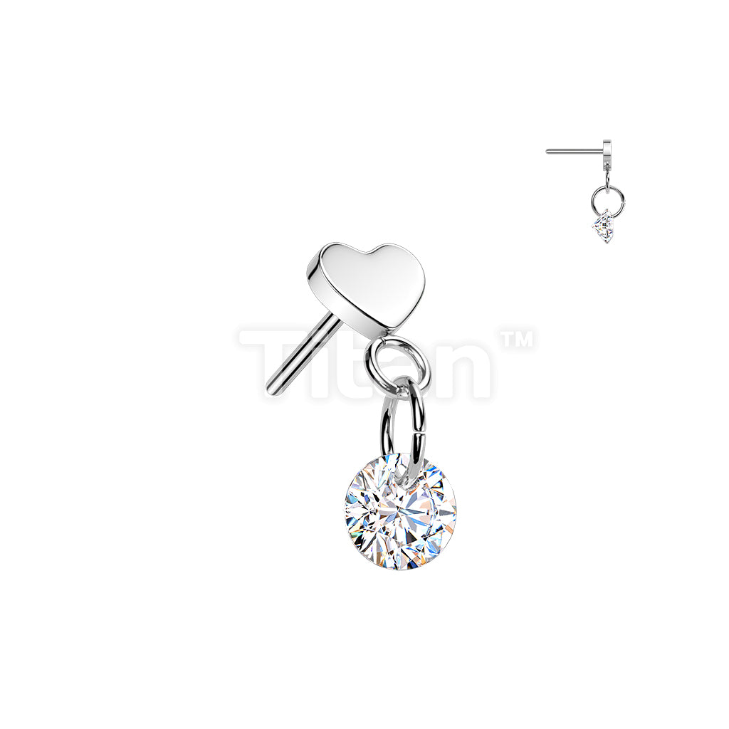 Titanium Threadless Push In Heart Top With Round CZ Dangle - Image 2