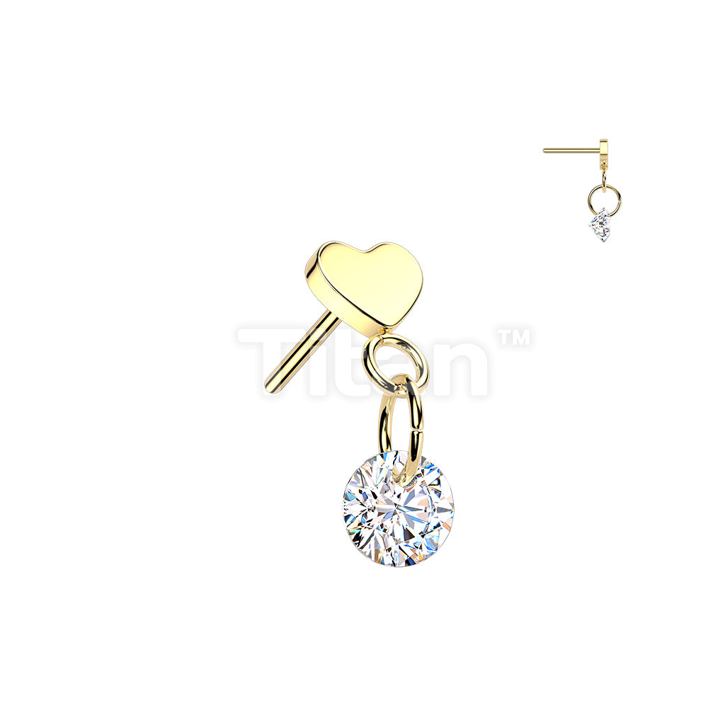 Titanium Threadless Push In Heart Top With Round CZ Dangle - Image 3