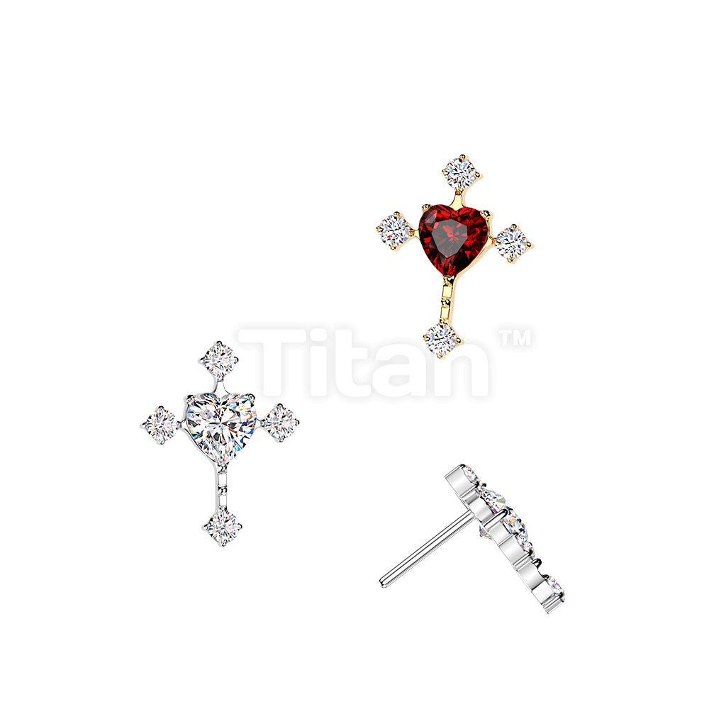 Titanium Threadless Push In Cross Top With CZ Ends and Heart CZ Center
