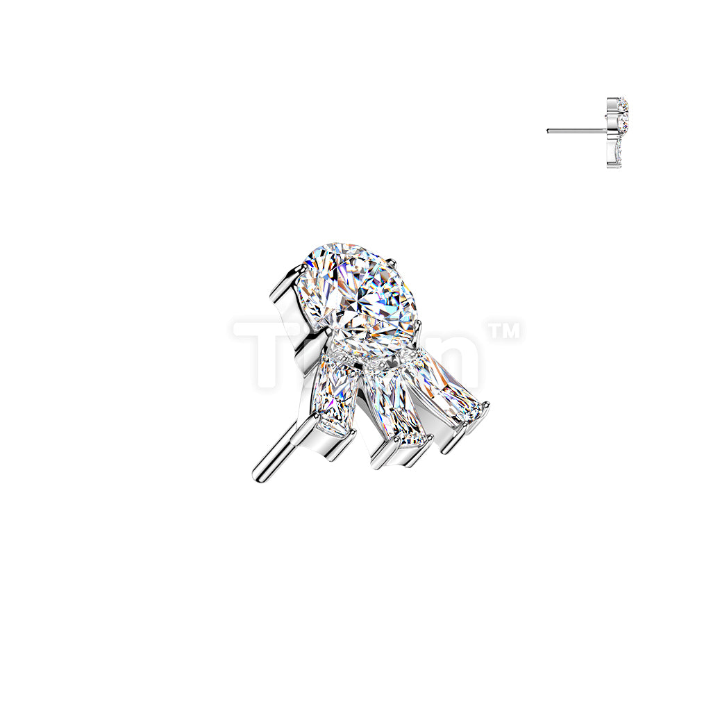 Titanium Threadless Push In Round CZ Top With 3 Baguette CZ - Image 2