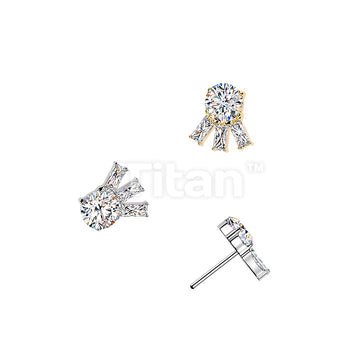 Titanium Threadless Push In Round CZ Top With 3 Baguette CZ
