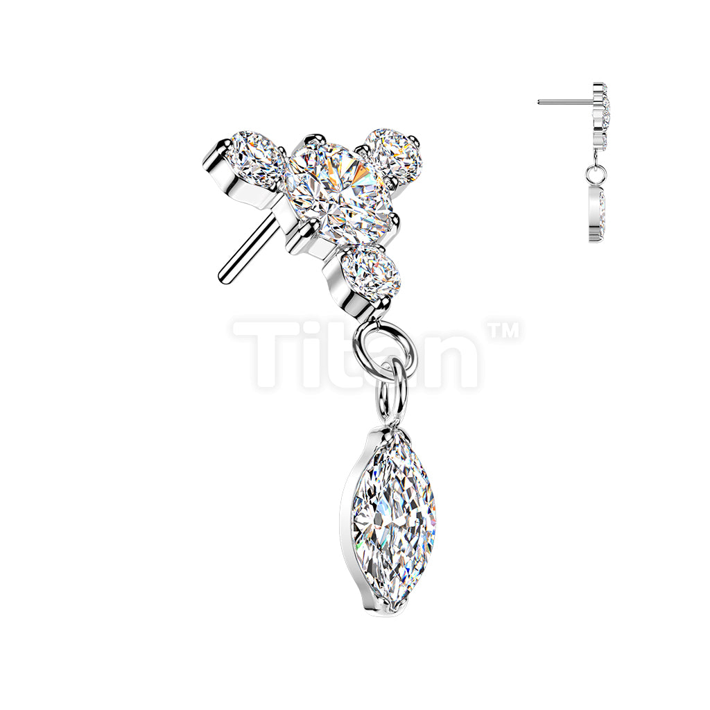 Titanium Threadless Push In Round CZ Top With 3 Small CZ & Marquise Dangle - Image 2