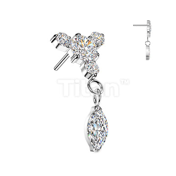 Titanium Threadless Push In Round CZ Top With 3 Small CZ & Marquise Dangle - Image 2