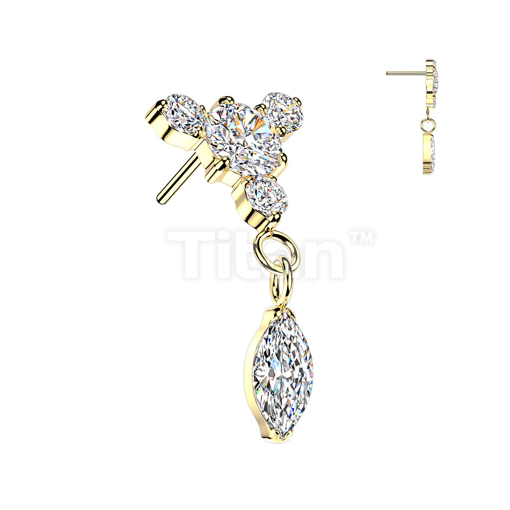 Titanium Threadless Push In Round CZ Top With 3 Small CZ & Marquise Dangle - Image 3