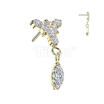 Titanium Threadless Push In Round CZ Top With 3 Small CZ & Marquise Dangle - Image 3