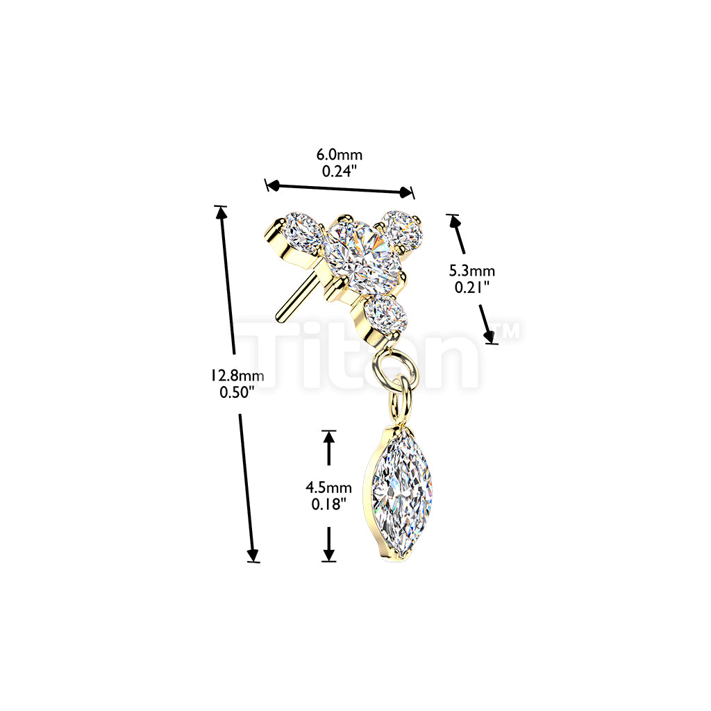 Titanium Threadless Push In Round CZ Top With 3 Small CZ & Marquise Dangle - Image 4