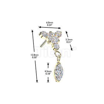 Titanium Threadless Push In Round CZ Top With 3 Small CZ & Marquise Dangle - Image 4