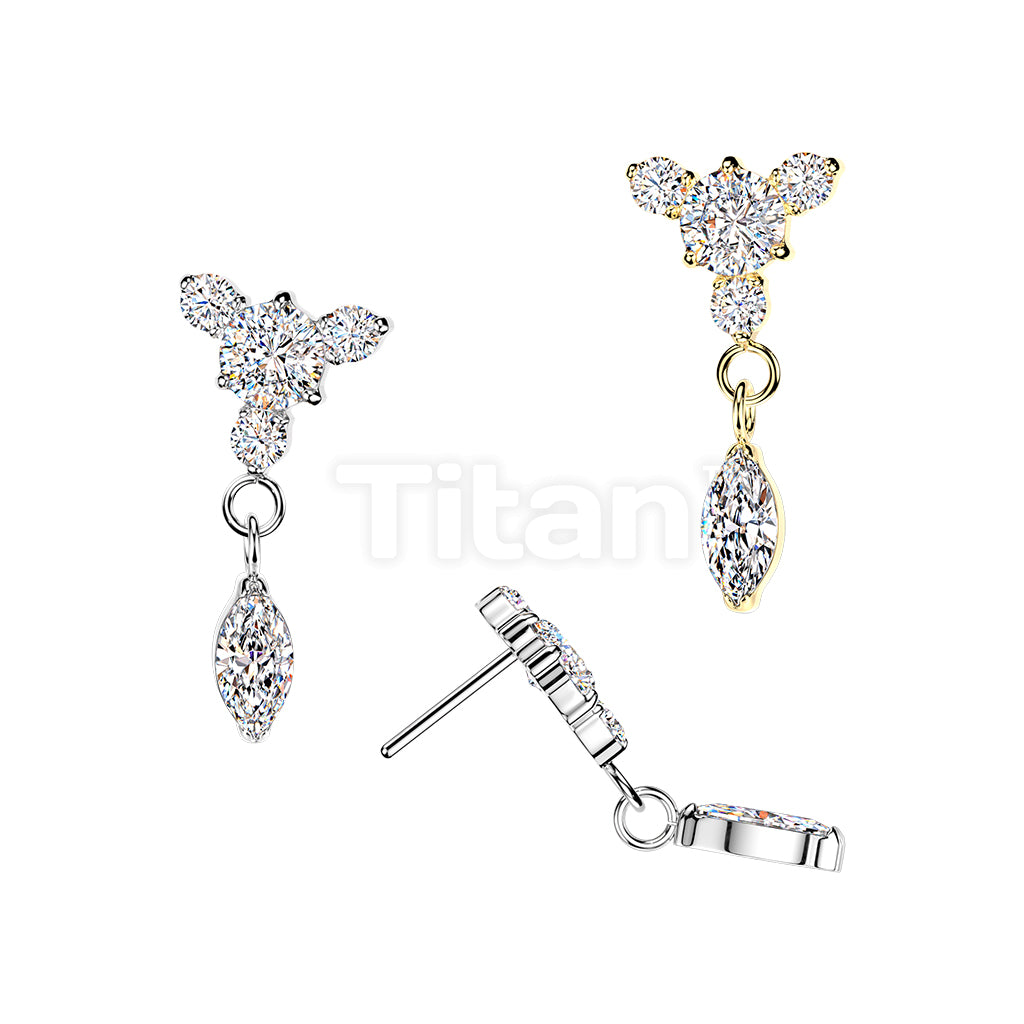 Titanium Threadless Push In Round CZ Top With 3 Small CZ & Marquise Dangle