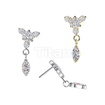 Titanium Threadless Push In Round CZ Top With 3 Small CZ & Marquise Dangle