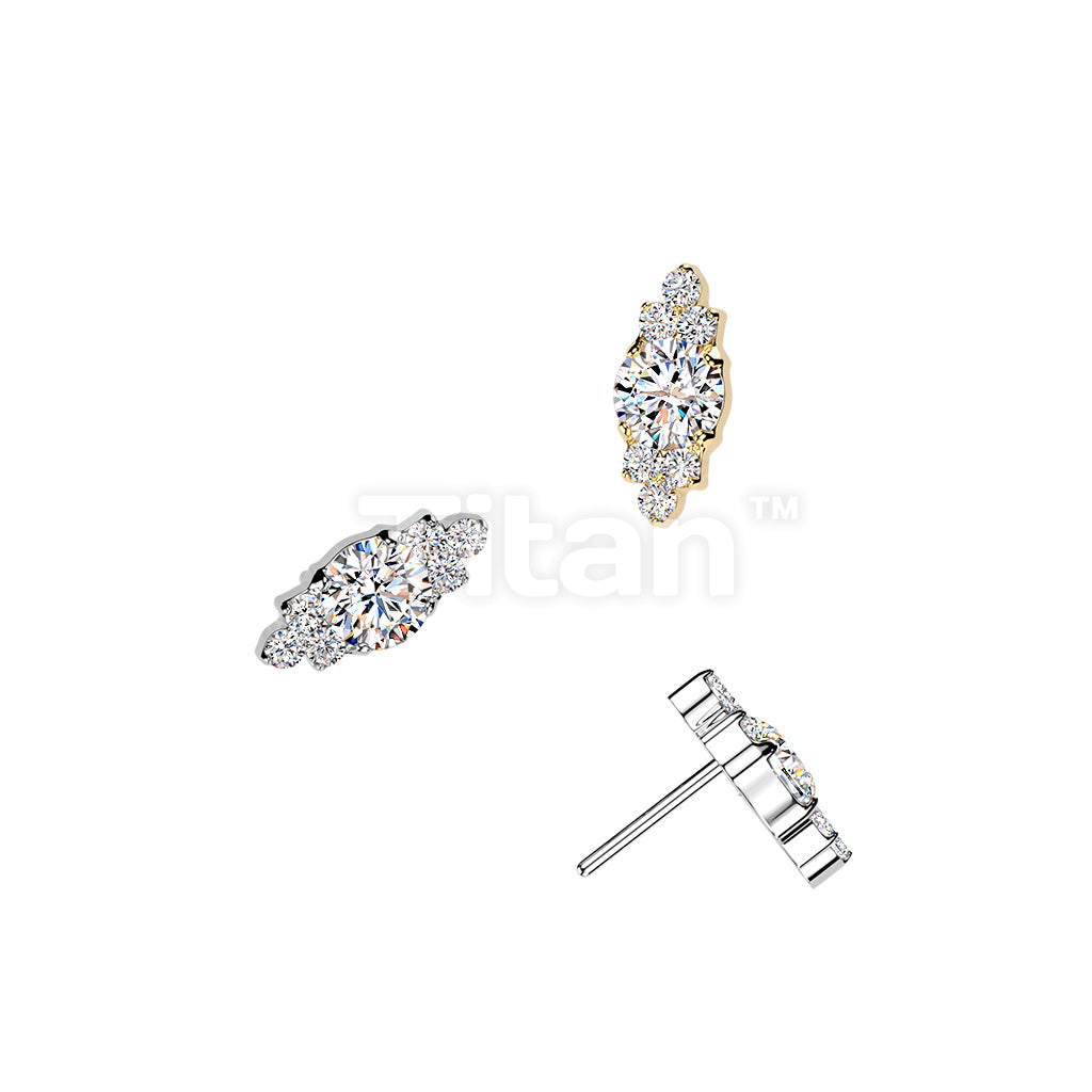 Titanium Threadless Push In Round CZ Top With Trinity CZ Clusters
