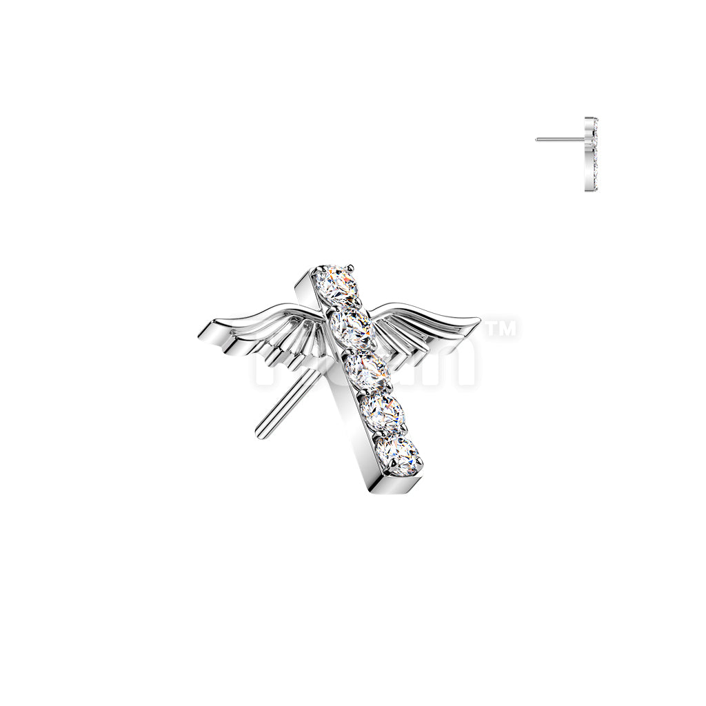 Titanium Threadless Push In Angel Wings Pave CZ Cross Top - Image 2