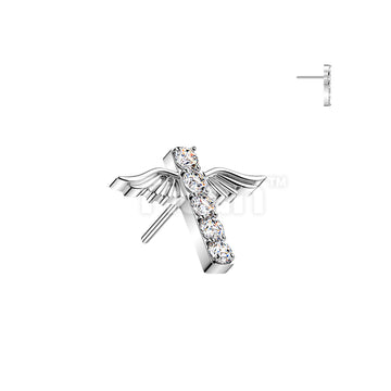 Titanium Threadless Push In Angel Wings Pave CZ Cross Top - Image 2