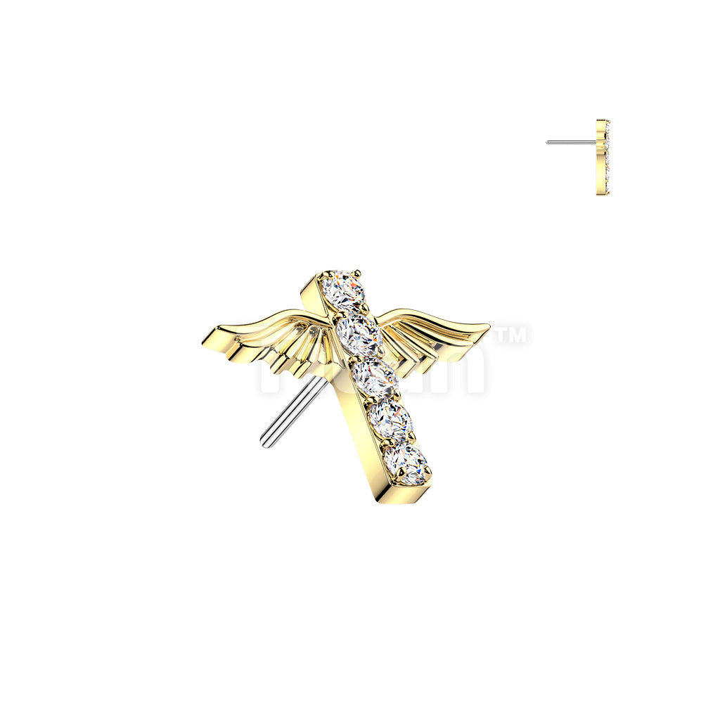 Titanium Threadless Push In Angel Wings Pave CZ Cross Top - Image 3
