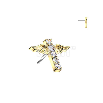 Titanium Threadless Push In Angel Wings Pave CZ Cross Top - Image 3