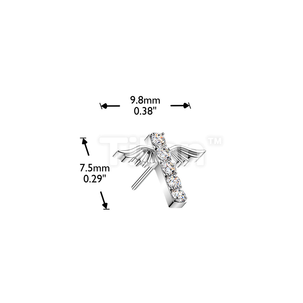 Titanium Threadless Push In Angel Wings Pave CZ Cross Top - Image 4