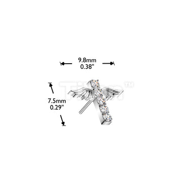 Titanium Threadless Push In Angel Wings Pave CZ Cross Top - Image 4