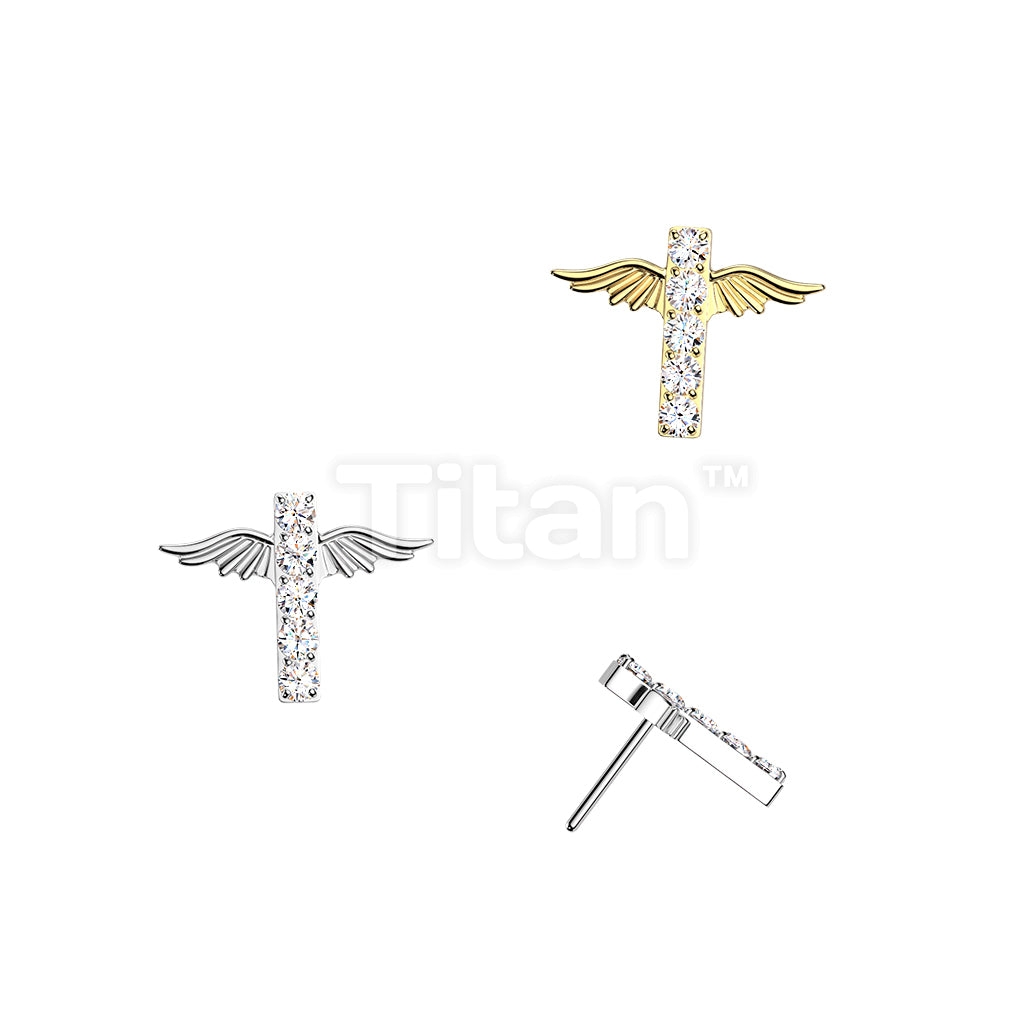 Titanium Threadless Push In Angel Wings Pave CZ Cross Top